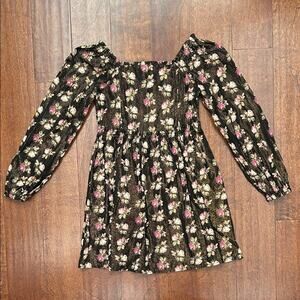 GAP Black Floral Kids Dress with Metallic Gold Thread Throughout, Size M/8